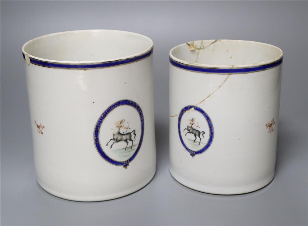 Two late 18th century Chinese export mugs, tallest 14cm (a.f.)